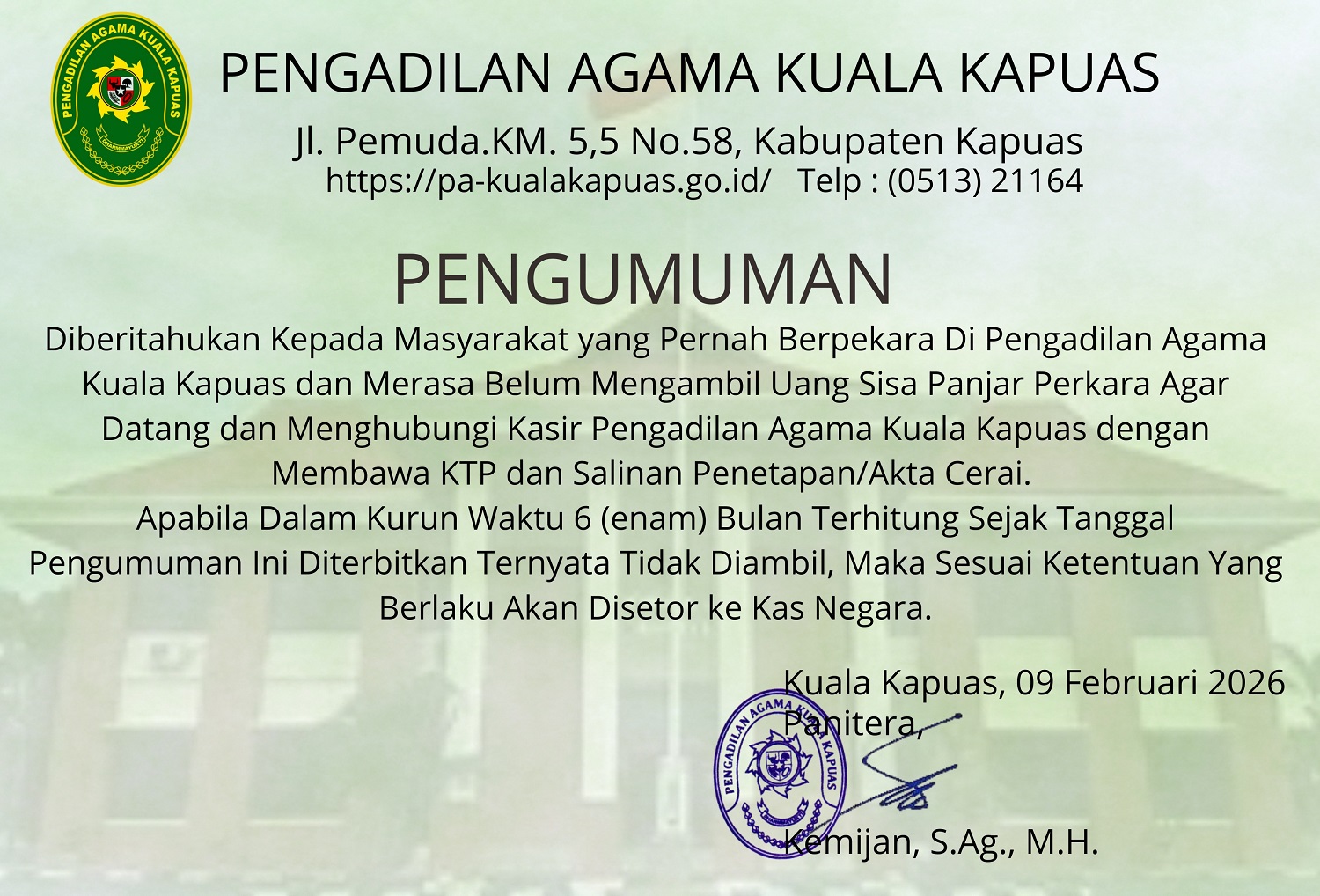 Pengumuman Sisa Panjar